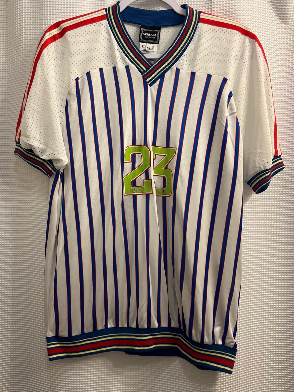 Vintage Versace Men’s White Striped Jersey Shirt with Lime '23' Patch-rare find